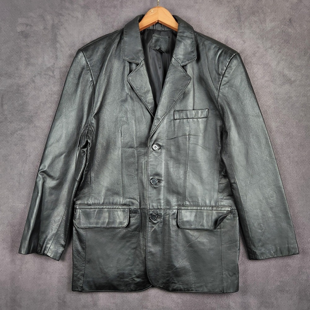 Junction West Jacket Mens Large Black Leather Blazer Coat‎ 3 Button Lined Casual